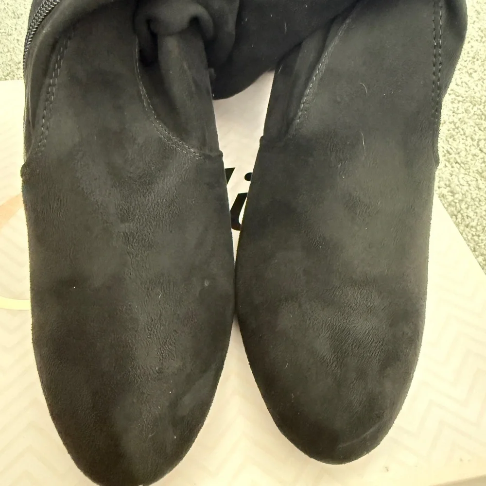 Black Suede Over The Knee Boots Block Heel Side Zip Tie Back Women Size‎ 6.5